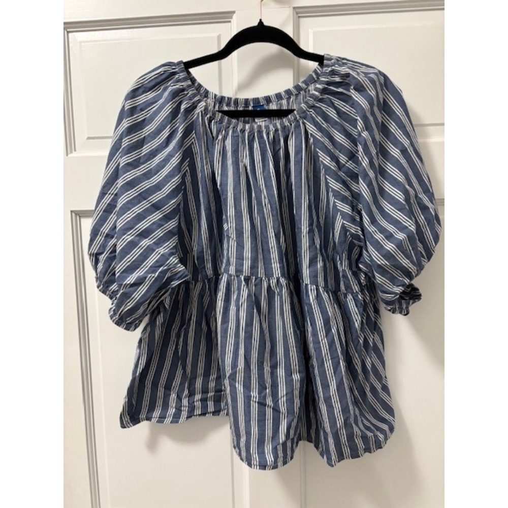Old Navy XL Blue Striped Peplum Blouse Top Balloon Sleeve Summer Casual